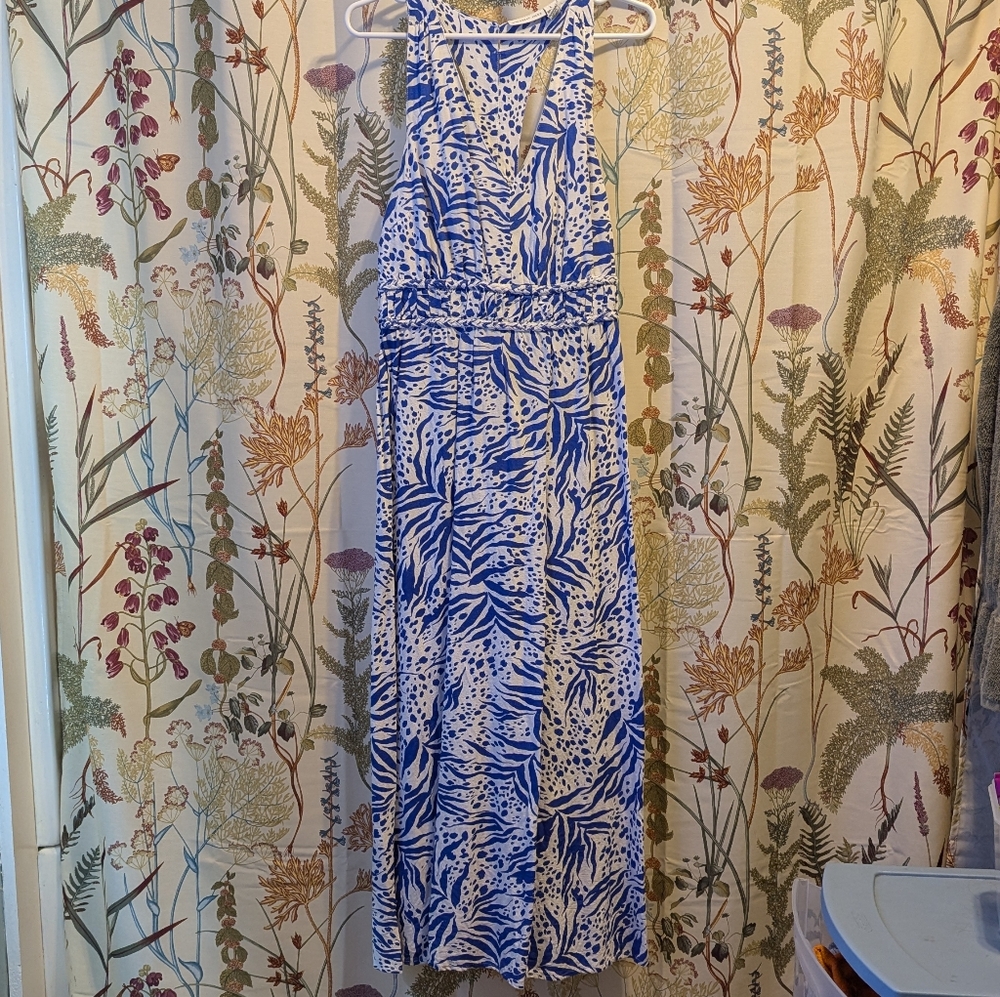 Sincerely Jewels Blue & White Linen Racer Back Midi Dress